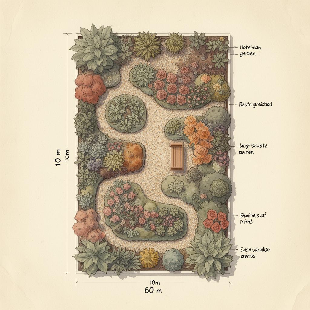 Botanisk plan — illustration av en 60 m² trädgård