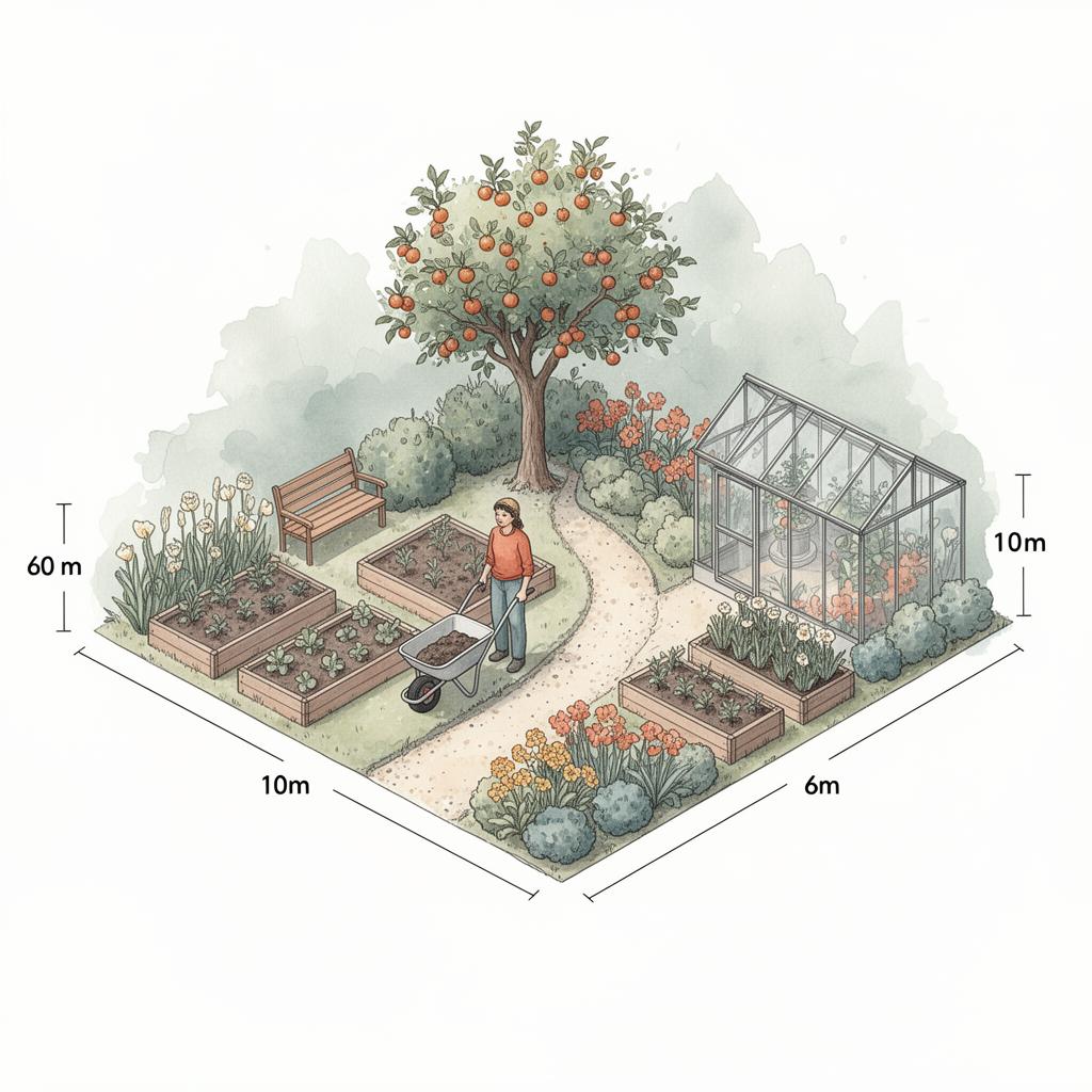 Isometrisk akvarell — illustration av en 60 m² trädgård