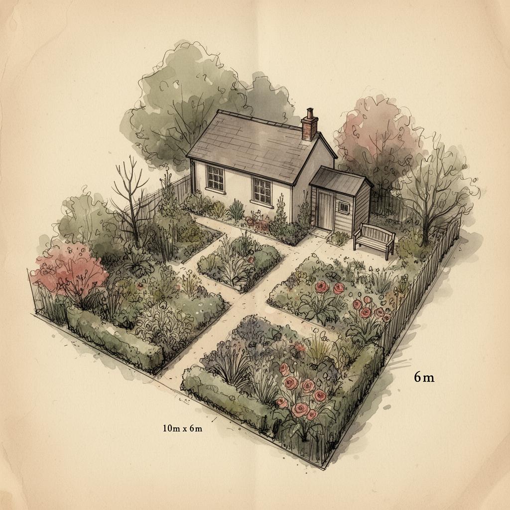 Bläck & lavering — illustration av en 60 m² trädgård