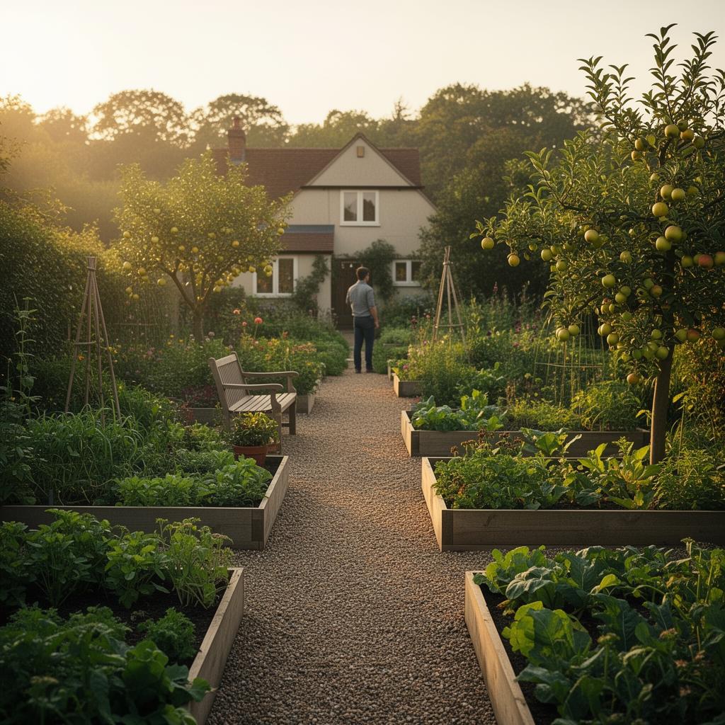 Fotorealistisk gyllene timme — illustration av en 60 m² trädgård