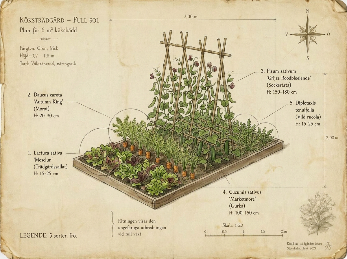Botanisk plan i akvarell — 6 m² köksträdgård i full sol sett ovanifrån med Trädgårdssallat 'Mesclun', Morot 'Autumn King', Sockerärta 'Grijze Roodbloeiende', Gurka 'Marketmore', Vild rucola