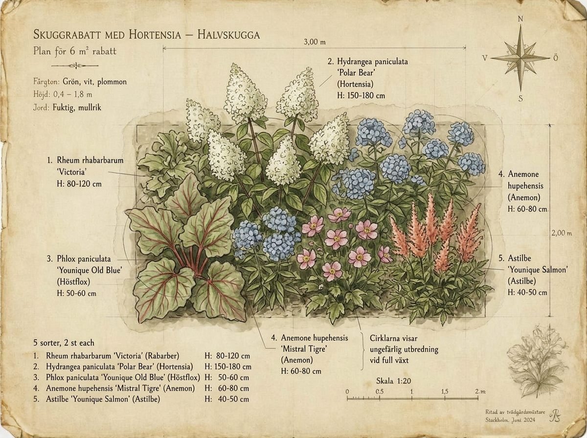 Botanisk plan i akvarell — 6 m² hortensiarabatt i halvskugga sett ovanifrån med Rabarber 'Victoria', Hortensia 'Polar Bear', Höstflox 'Younique Old Blue', Anemone 'Mistral Tigre', Astilbe 'Younique Salmon'