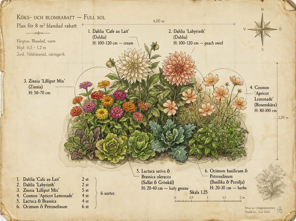 Botanisk plan i akvarell — 8 m² blandad köks och blomrabatt sett ovanifrån med Dahlia 'Cafe au Lait', Dahlia 'Labyrinth', Zinnia 'Lilliput Mix', Cosmos 'Apricot Lemonade', Sallat, grönkål, basilika, persilja