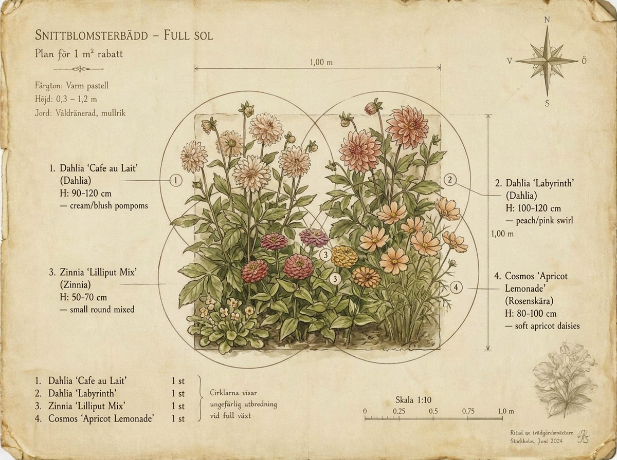 Botanisk plan i akvarell — 1 m² snittblomsterbädd sett ovanifrån med Dahlia 'Cafe au Lait', Dahlia 'Labyrinth', Zinnia 'Lilliput Mix', Cosmos 'Apricot Lemonade'