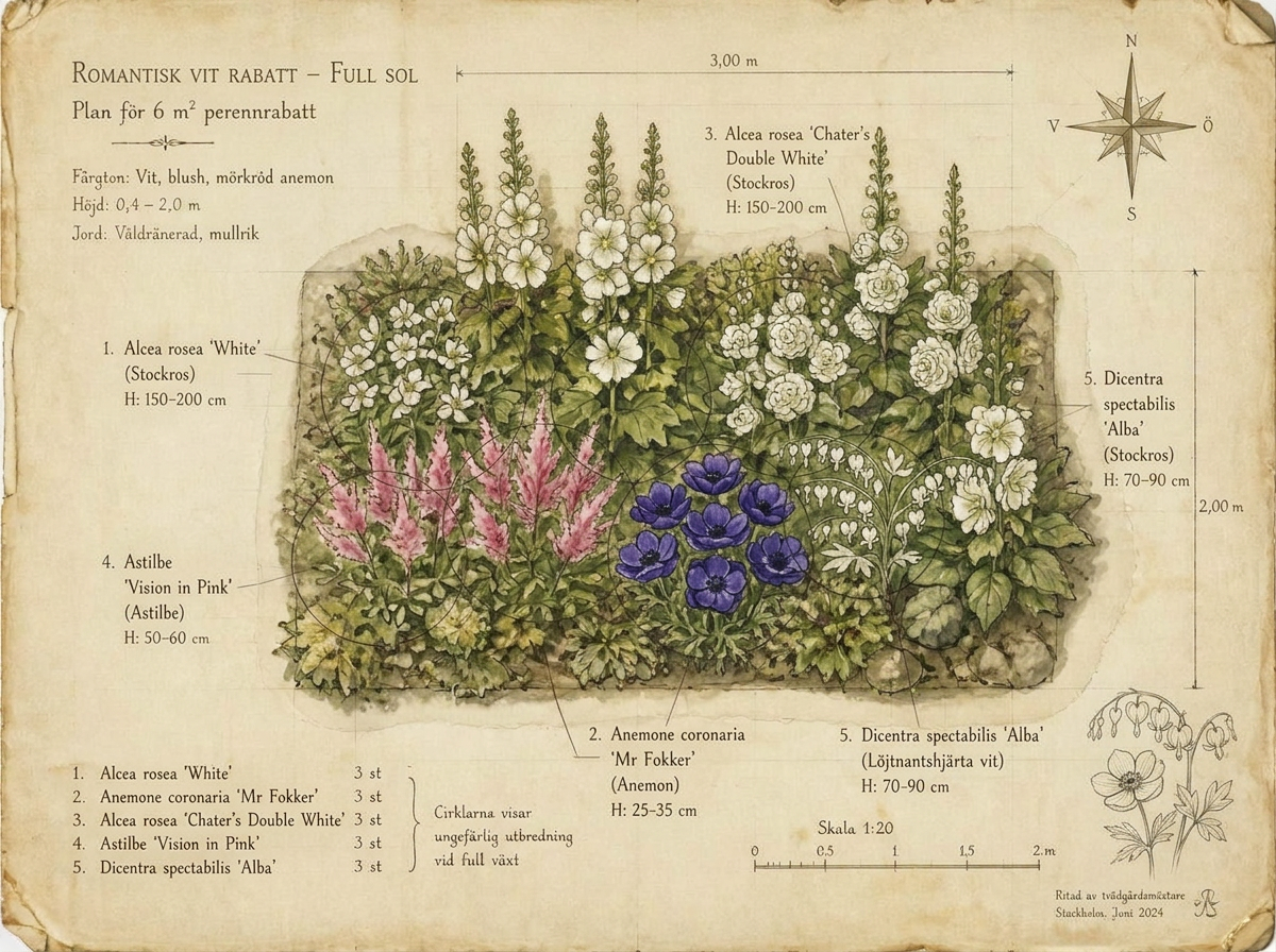 Botanisk plan i akvarell — 6 m² romantisk vit rabatt sett ovanifrån med Stockros 'White', Anemon 'Mr Fokker', Stockros 'Chater’s Double White', Astilbe 'Vision in Pink', Löjtnantshjärta vit