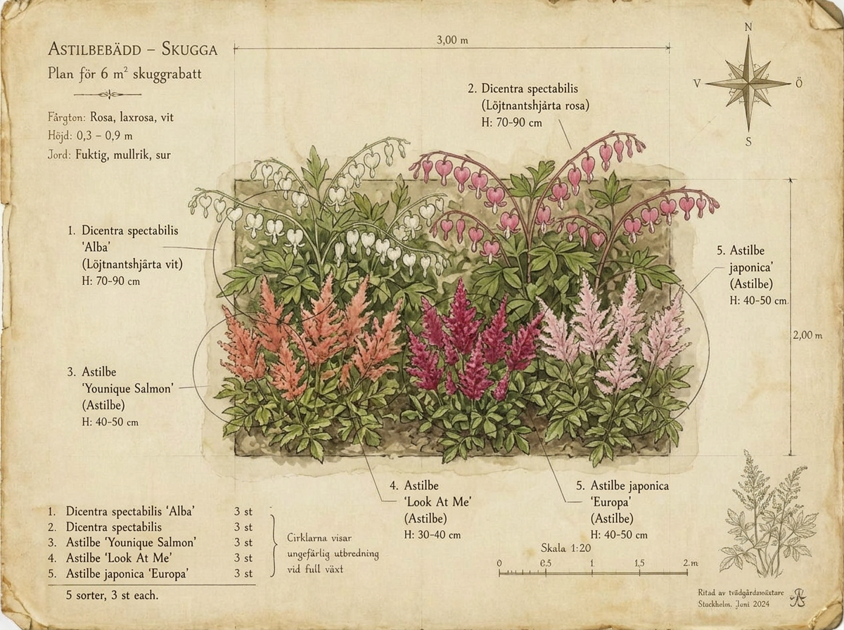 Botanisk plan i akvarell — 6 m² astilbebädd i skugga sett ovanifrån med Löjtnantshjärta vit, Löjtnantshjärta rosa, Astilbe 'Younique Salmon', Astilbe 'Look At Me', Astilbe japonica 'Europa'