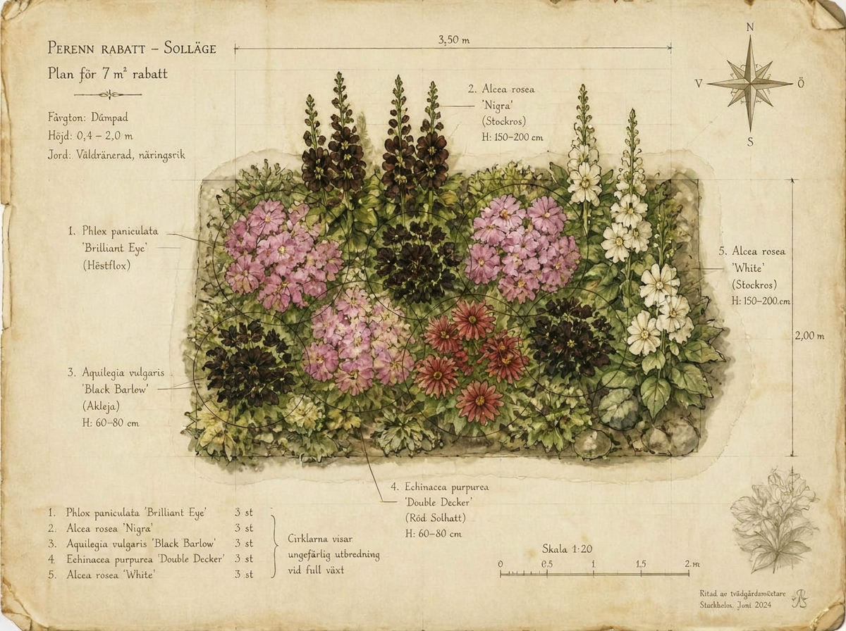 Botanisk plan i akvarell — 7 m² perenn rabatt i sol sett ovanifrån med Höstflox 'Brilliant Eye', Stockros 'Nigra', Akleja 'Black Barlow', Röd solhatt 'Double Decker', Stockros 'White'
