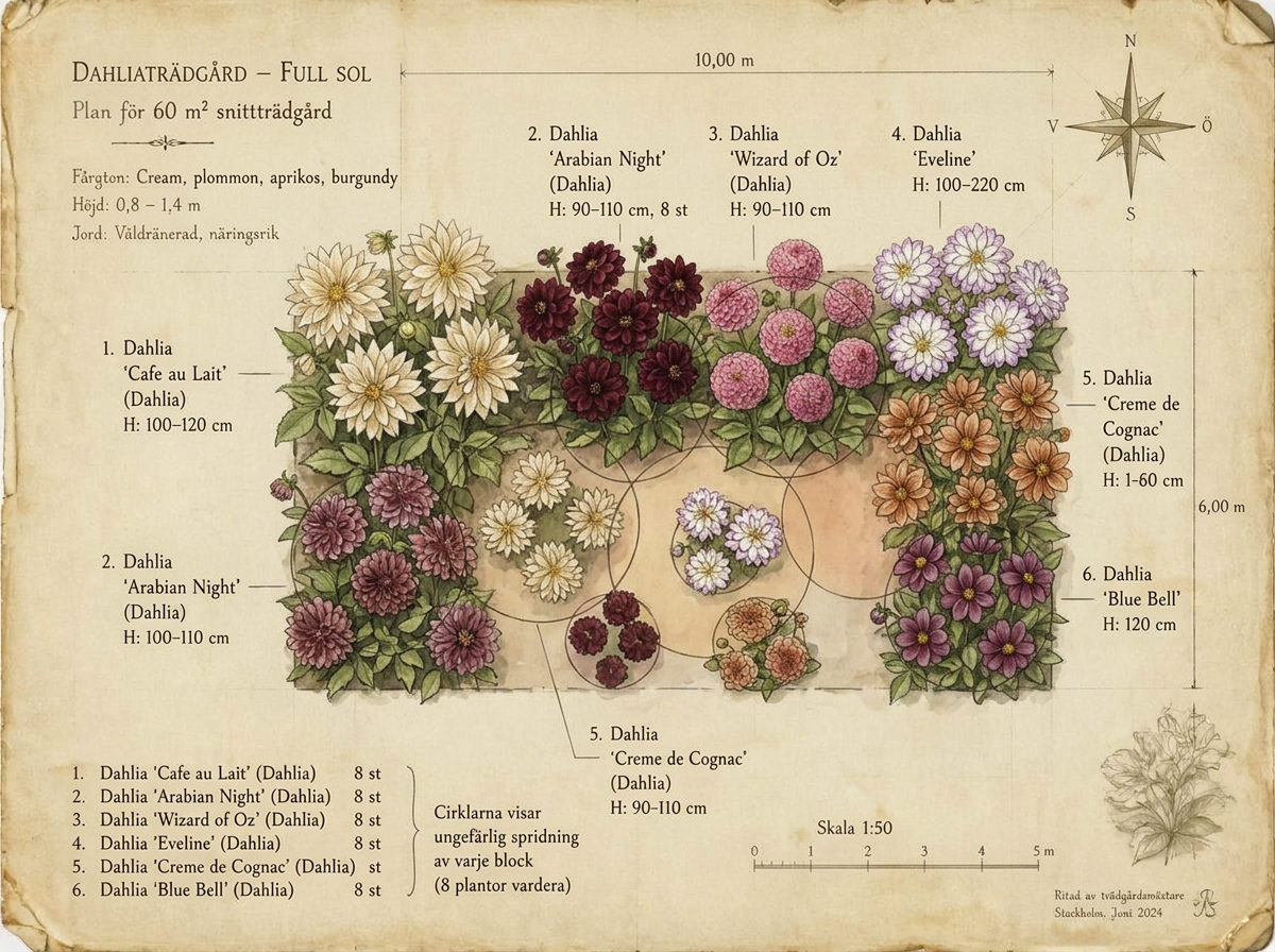 Botanisk plan i akvarell — 60 m² dahliaträdgård sett ovanifrån med Dahlia 'Cafe au Lait', Dahlia 'Arabian Night', Dahlia 'Wizard of Oz', Dahlia 'Eveline', Dahlia 'Creme de Cognac', Dahlia 'Blue Bell'