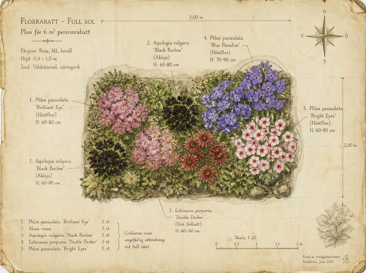 Botanisk plan i akvarell — 6 m² floxrabatt i full sol sett ovanifrån med Höstflox 'Brilliant Eye', Akleja 'Black Barlow', Röd solhatt 'Double Decker', Höstflox 'Blue Paradise', Höstflox 'Bright Eyes'