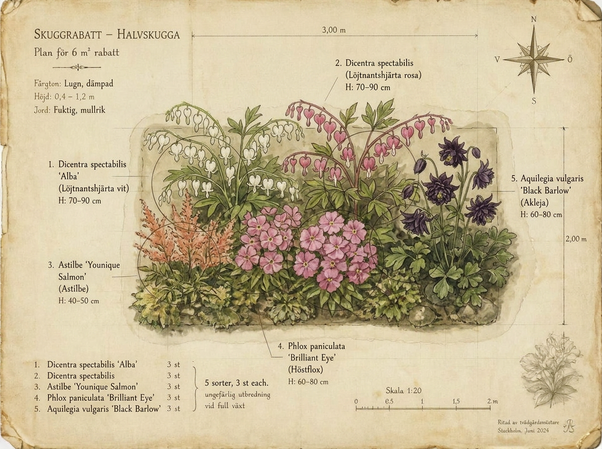 Botanisk plan i akvarell — 6 m² rabatt i halvskugga sett ovanifrån med Löjtnantshjärta vit, Löjtnantshjärta rosa/röd, Astilbe 'Younique Salmon', Höstflox 'Brilliant Eye', Akleja 'Black Barlow'