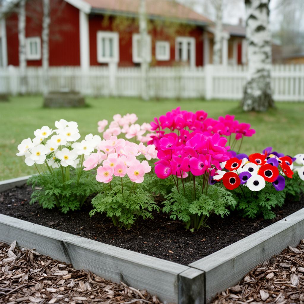 Fotorealistisk vy av en 6 m² rabatt med sängpaketet Anemonparaden i full blom: Anemone 'Levante Bianco', Anemone 'Levante Rosa', Anemone 'Levante Fucsia', Anemon 'De Caen' mix.