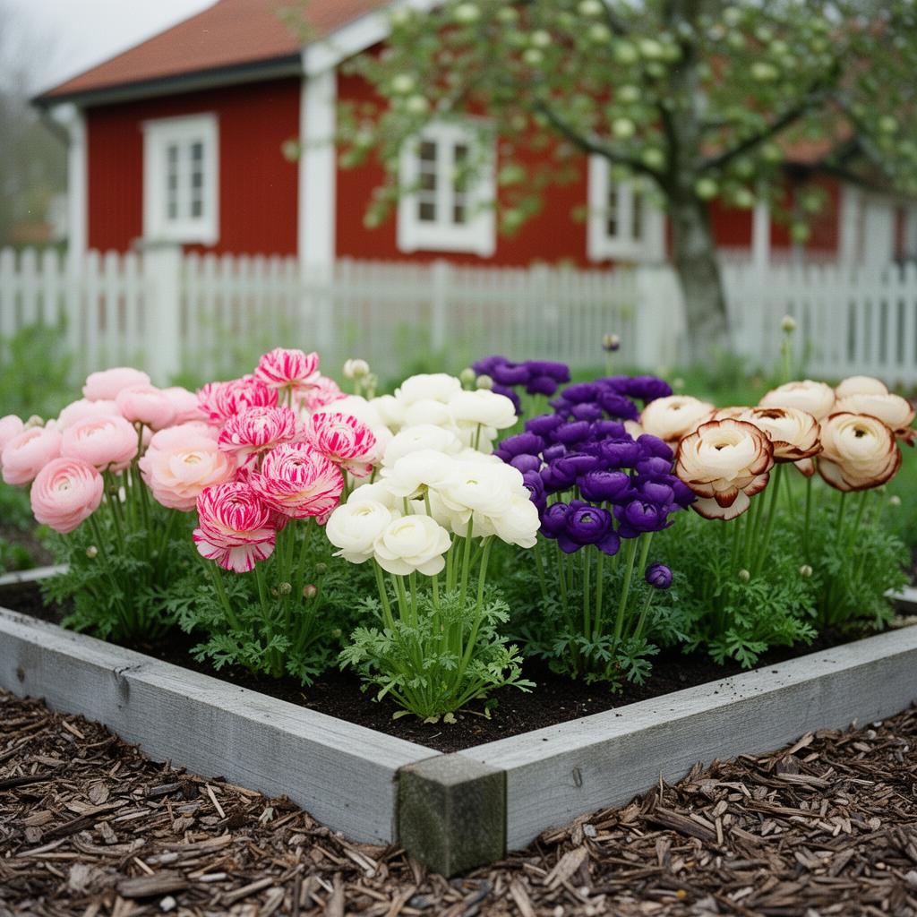 Snittblomsterbädd med dahlior och cosmos.