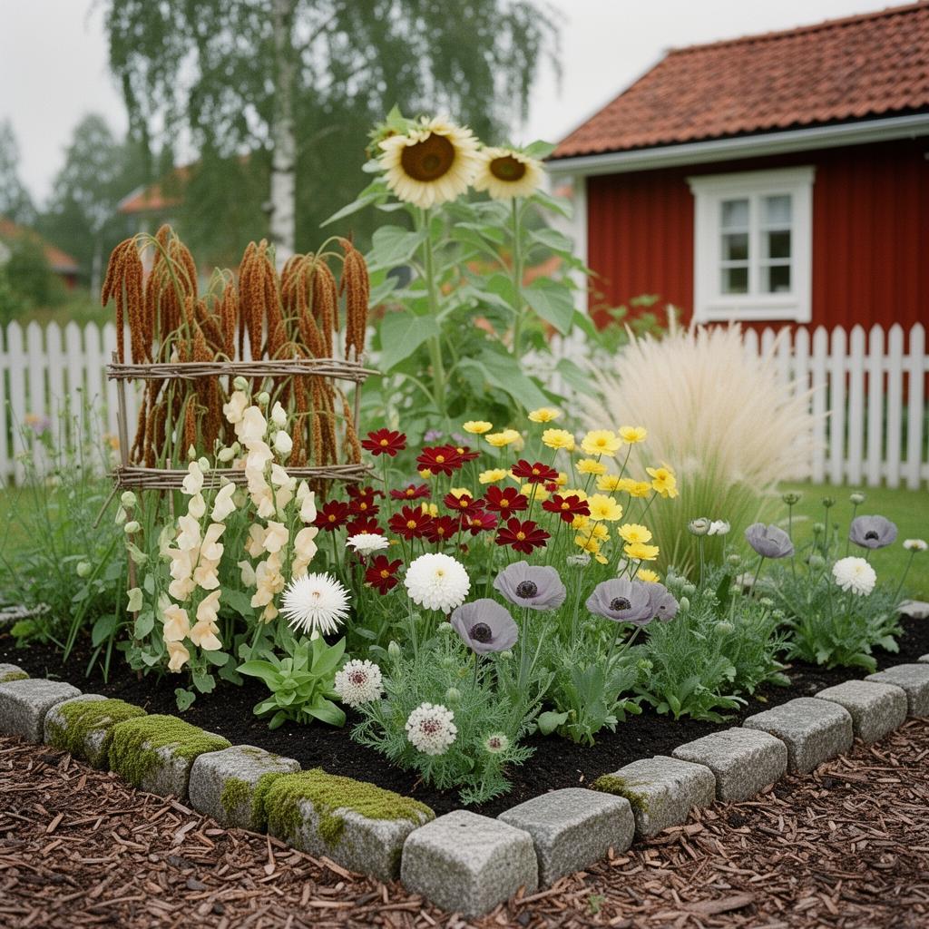 Fotorealistisk vy av en 6 m² rabatt med sängpaketet Snittblomster i pastell i full blom: Cosmos 'Velouette' (frö), Cosmos 'Xanthos' (frö), Vallmo 'Amazing Grey' (frö), Luktärt 'Spring Sunshine Champagne', Zinnia 'Zinderella White' (frö), Praktvädd 'Fata Morgana' (frö), Amarant 'Hot Biscuits' (frö), Harsvans 'Bunny Tails' (frö), Solros 'Astra Rose Cream' (frö).