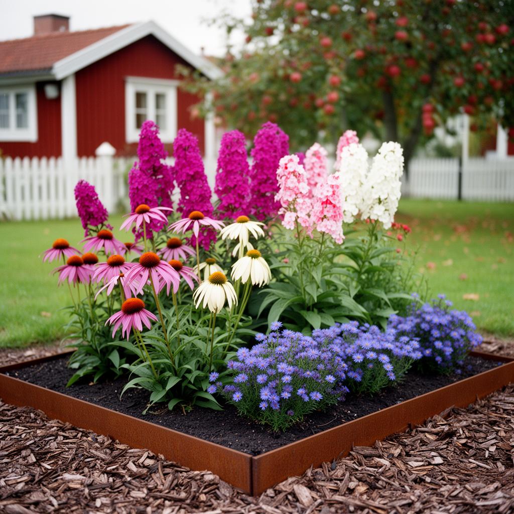 Vit bröllopsbädd med romantiska blommor.