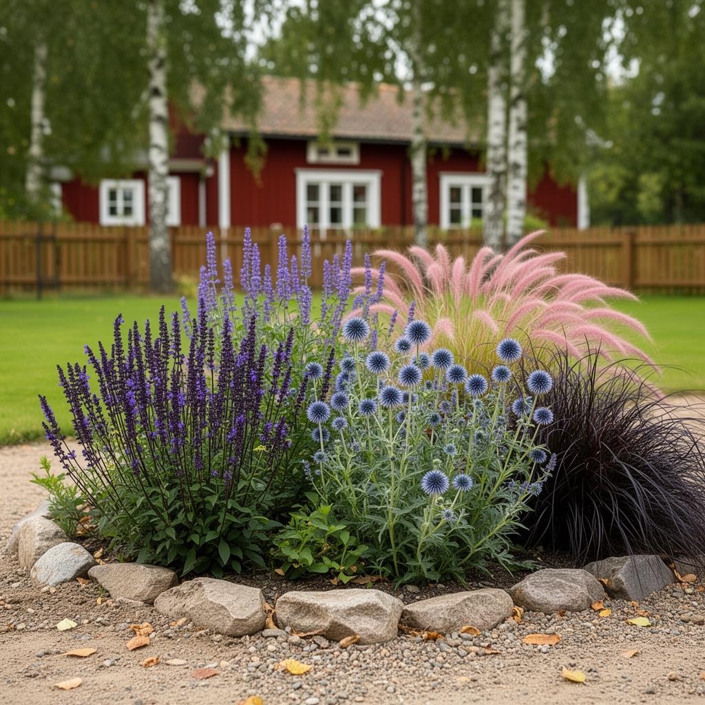 Fotorealistisk vy av en 6 m² rabatt med sängpaketet Provence-bädden i full blom: Stäppsalvia 'Caradonna', Stäppsalvia 'Ostfriesland', Bolltistel 'Veitch's Blue', Anisört 'Blue Fortune', Borstgräs 'Flamingo', Borstgräs 'Black Beauty'.
