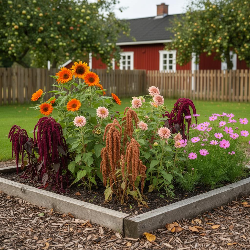 Fotorealistisk vy av en 6 m² rabatt med sängpaketet Solrossymfonin i full blom: Solros 'Sunrich Orange' (frö), Solros 'Astra Rose Cream' (frö), Amarant 'Velvet Curtains' (frö), Amarant 'Hot Biscuits' (frö), Cosmos 'Rosetta' (frö).