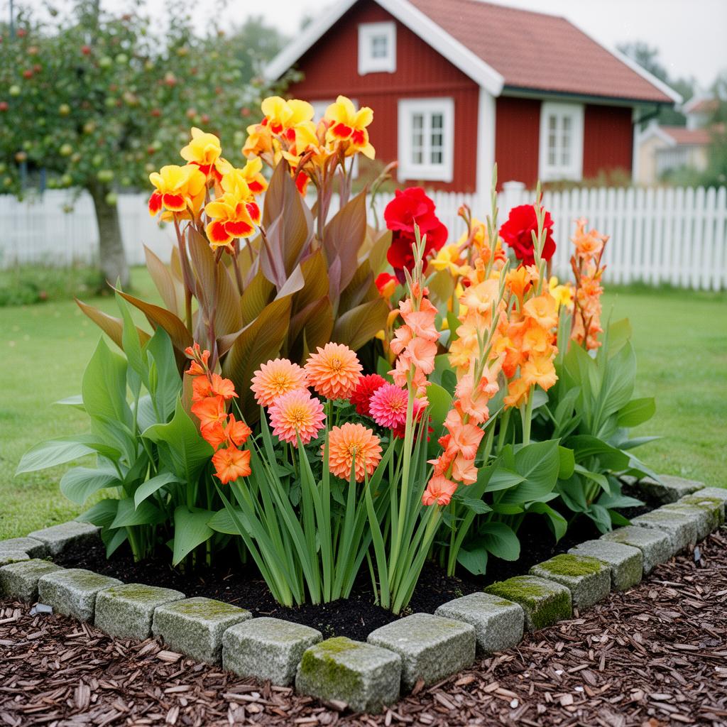 Fotorealistisk vy av en 6 m² rabatt med sängpaketet Tropisk eld i full blom: Kanna 'Wyoming', Kanna 'Mrs Oklahoma', Kanna 'Crimson Beauty', Dahlia 'BV's Mango Tango', Gladiolus 'Indian Summer'.
