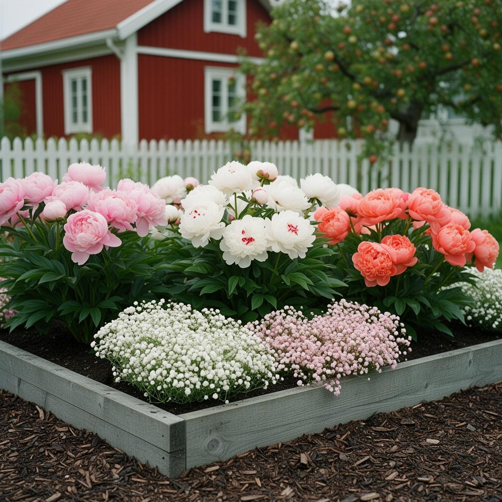 Fotorealistisk vy av en 6 m² rabatt med sängpaketet Pion-paradiset i full blom: Pion 'Sarah Bernhardt', Pion 'Festiva Maxima', Pion 'Coral Sunset', Brudslöja 'Paniculata', Brudslöja 'Pacifica'.