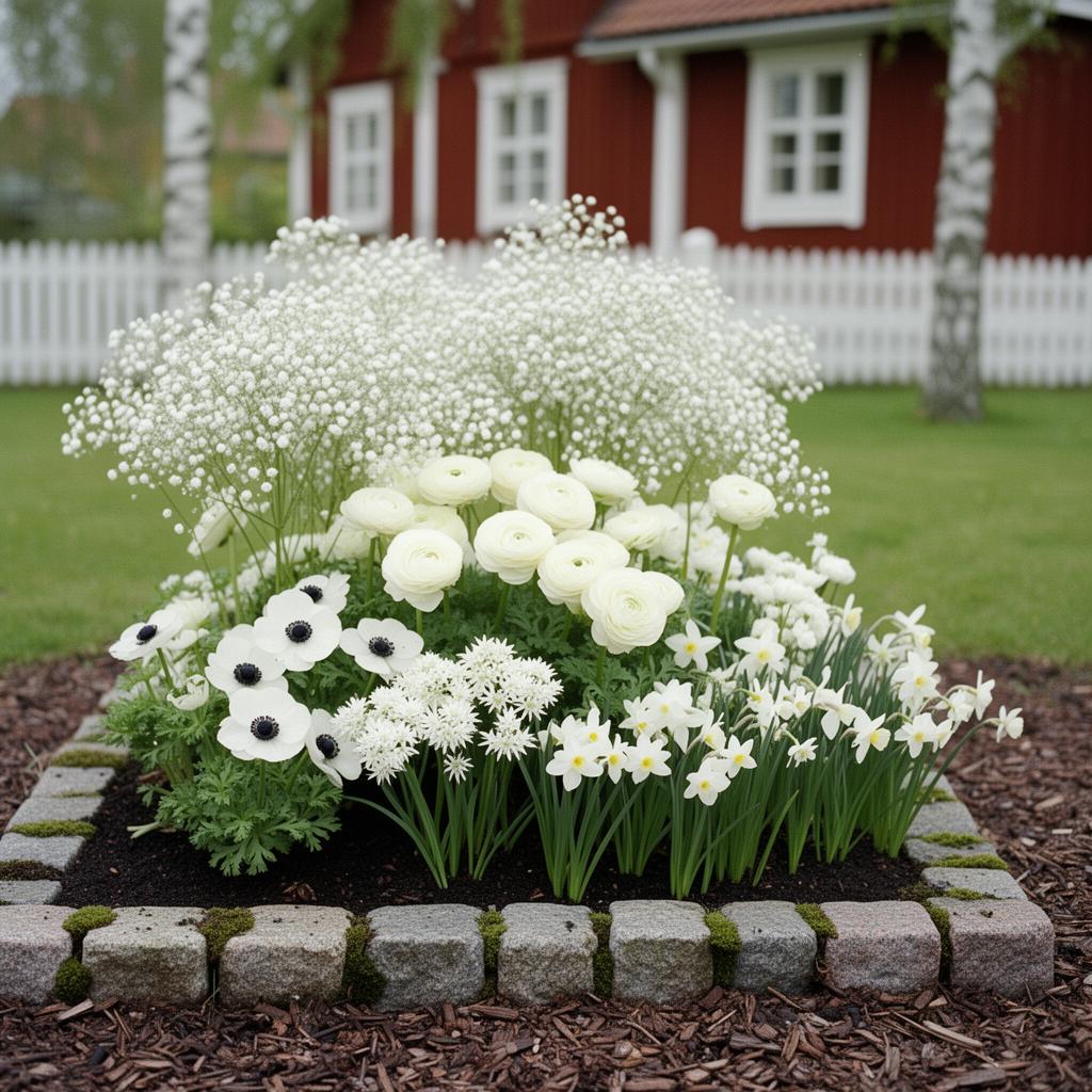 Fotorealistisk vy av en 6 m² rabatt med sängpaketet Vit bröllopsbädd i full blom: Brudslöja 'Pacifica', Ranunkel 'Elegance Bianco Sfumato', Anemon 'Bride', Stjärnflocka 'Sparkling Stars White', Narciss 'White Petticoat'.