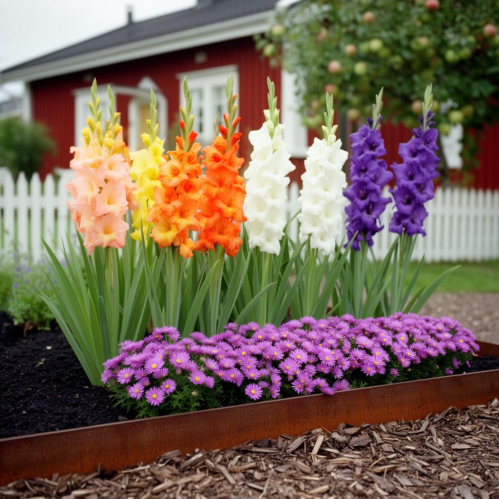 Fotorealistisk vy av en 6 m² rabatt med sängpaketet Gladiolus-procession i full blom: Gladiolus 'Aurora', Gladiolus 'Ocaso', Gladiolus 'Milka', Gladiolus 'Kio', Aster 'Alice Haslam'.