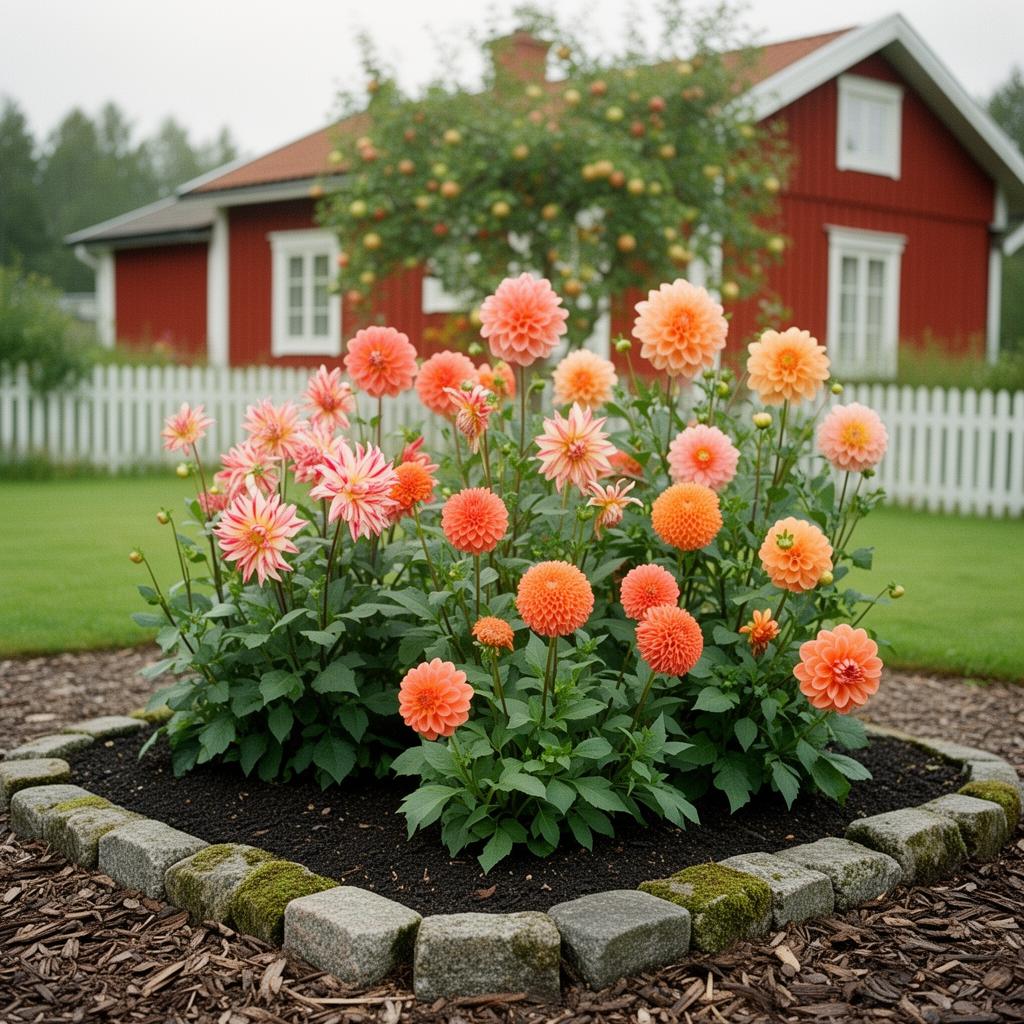 Fotorealistisk vy av en 6 m² rabatt med sängpaketet BV:s signaturdahlior i full blom: Dahlia 'BV's Frederikke', Dahlia 'BV's Aurora', Dahlia 'BV's Candy Crush', Dahlia 'BV's Mango Tango', Dahlia 'BV's Dusty Orange'.