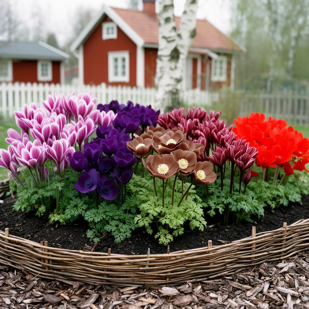 Fotorealistisk vy av en 6 m² rabatt med sängpaketet Anemonens fyrverkeri i full blom: Anemone 'Mistral Tigre', Anemone 'Mistral Grape', Anemon 'Mistral Milka', Anemone 'Tigre Wine', Anemone 'Levante Rosso'.