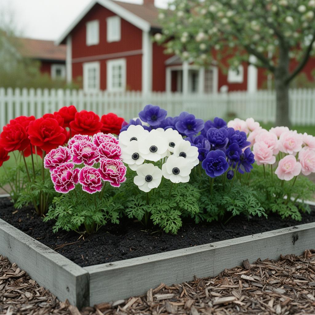 Fotorealistisk vy av en 6 m² rabatt med sängpaketet Klassiska anemoner i full blom: Anemon 'Lord Lieutenant', Anemon 'St. Brigid', Anemon 'Hollandia', Anemon 'Charmer', Anemon 'Sylphide'.