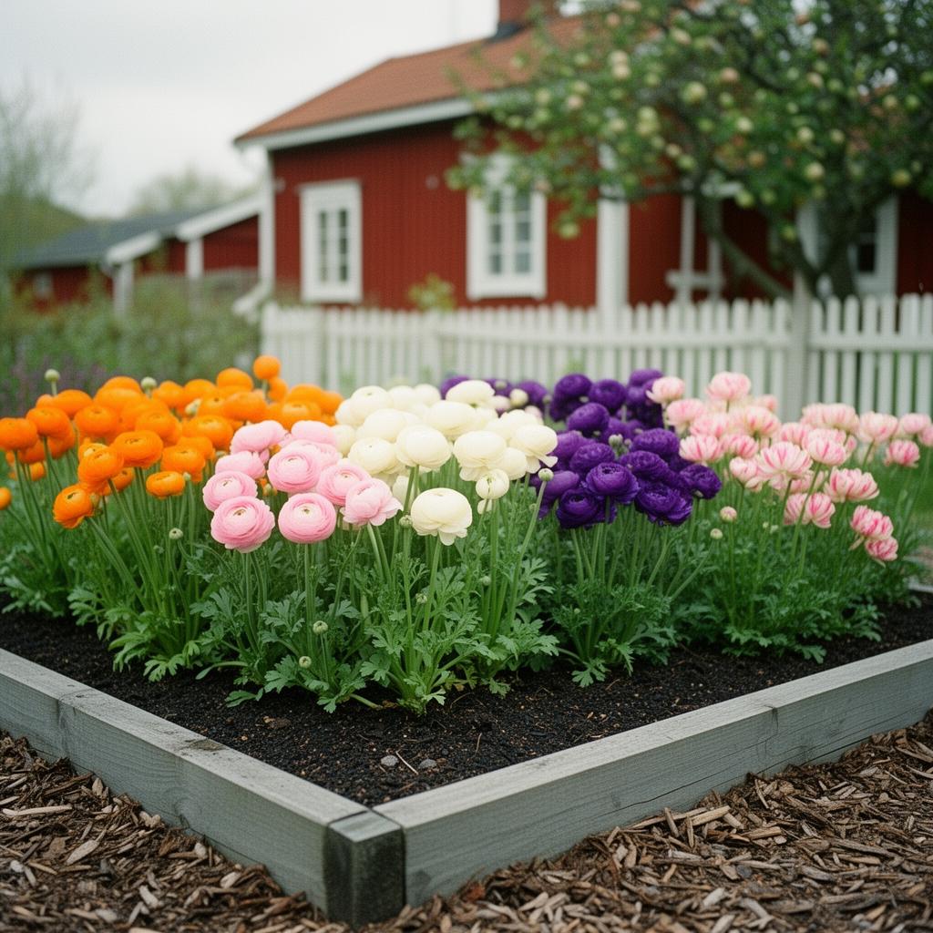 Fotorealistisk vy av en 6 m² rabatt med sängpaketet Ranunkel-pastell i full blom: Ranunkel 'Elegance Clementine', Ranunkel 'Elegance Rosa Chiaro', Ranunkel 'Elegance Bianco Sfumato', Ranunkel 'Elegance Viola', Ranunkelmix 'Elegance Pastello Striato'.