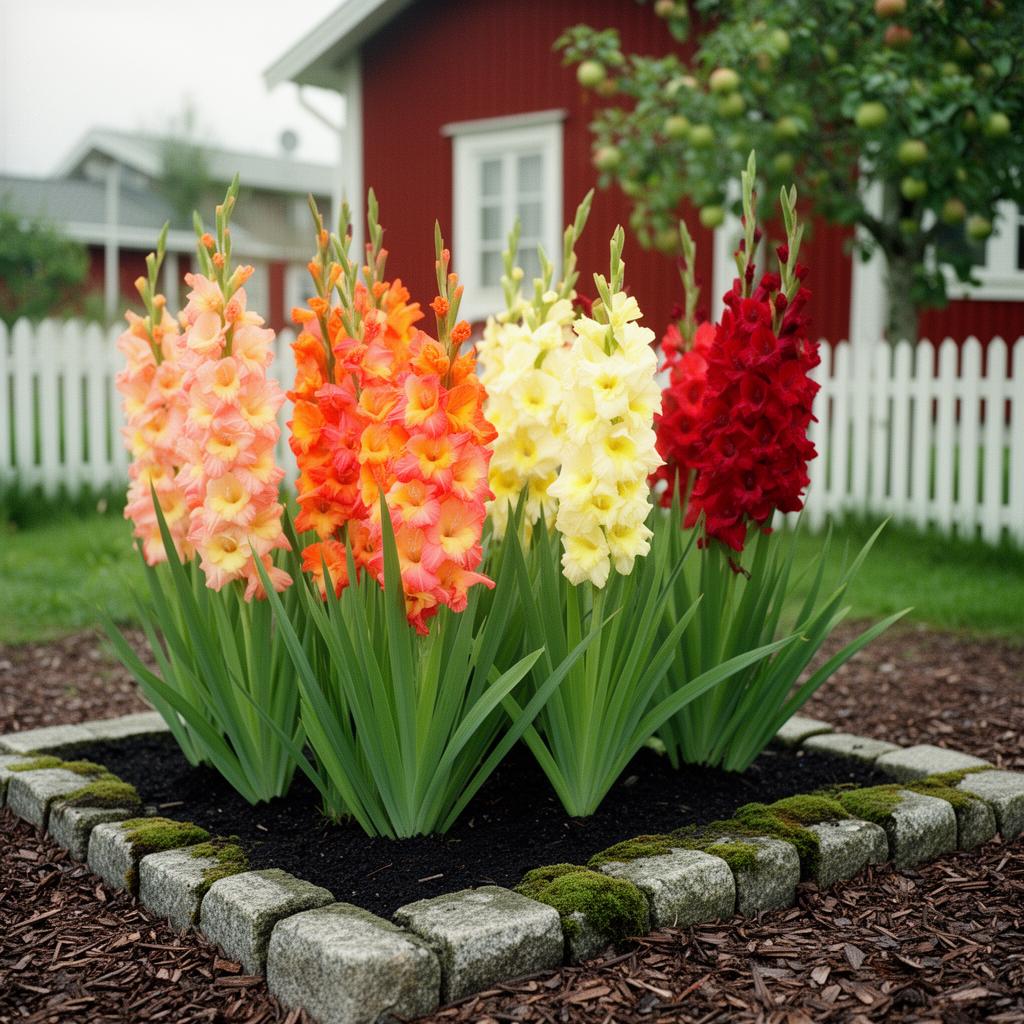 Fotorealistisk vy av en 6 m² rabatt med sängpaketet Gladiolus-elden i full blom: Gladiolus 'Aurora', Gladiolus 'Ocaso', Gladiolus 'Cookie', Gladiolus 'Indian Summer'.