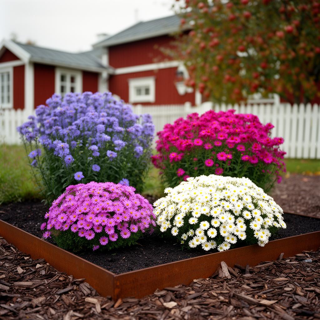 Fotorealistisk vy av en 6 m² rabatt med sängpaketet Astrarna i höstljus i full blom: Aster 'Lady in Blue', Aster 'Fellowship', Aster 'Alice Haslam', Aster 'White Ladies'.