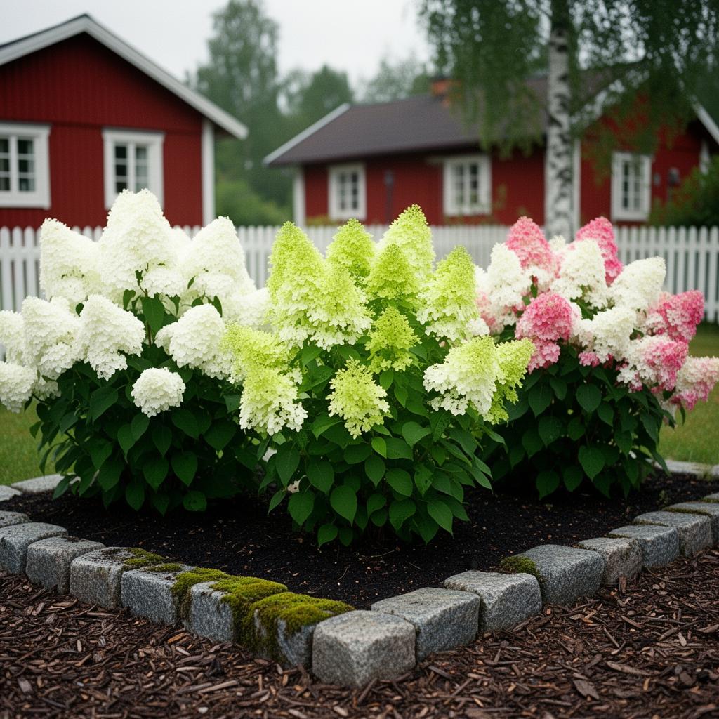 Fotorealistisk vy av en 6 m² rabatt med sängpaketet Hortensiehörnan i full blom: Hortensia 'Polar Bear', Hortensia 'Bee Green', Hortensia 'Pinky Winky'.