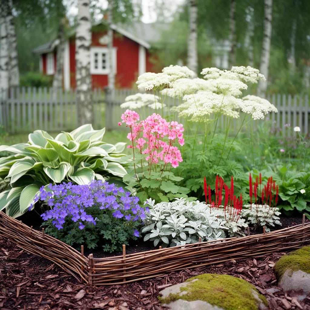 Fotorealistisk vy av en 6 m² rabatt med sängpaketet Skuggbädden med struktur i full blom: Näva 'Derrick Cook', Näva 'Apfelblüte', Alunrot 'Rex Silver', Thalictrum 'Album', Funkia 'White Feather' XXL.