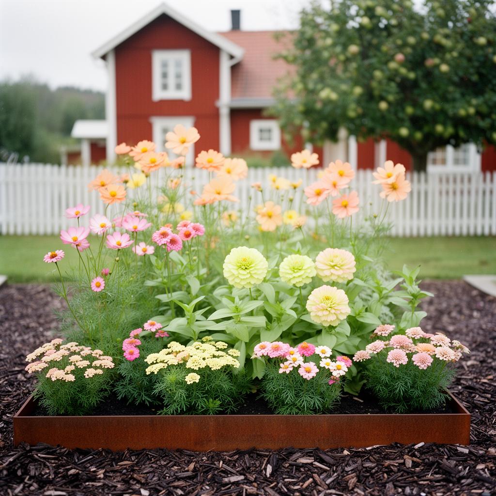 Fotorealistisk vy av en 6 m² rabatt med sängpaketet Snittblomster-favoriterna i full blom: Cosmos 'Apricotta' (frö), Cosmos 'Apricot Lemonade' (frö), Cosmos 'Cupcakes Blush' (frö), Zinnia 'Benary's Giant Lime' (frö), Zinnia 'Queen Lime Blush' (frö), Rölleka 'Summer Pastels Mix' (frö).