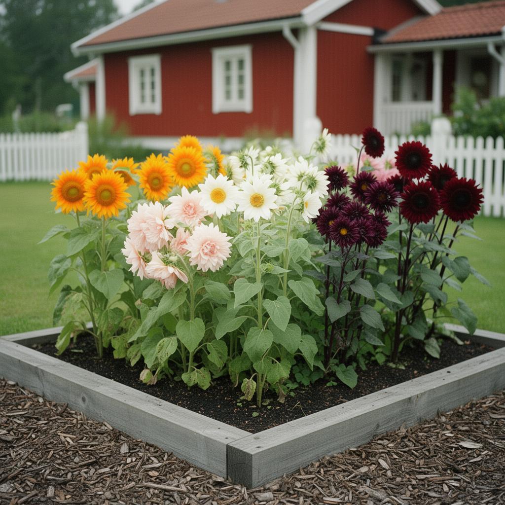 Fotorealistisk vy av en 6 m² rabatt med sängpaketet Solrosfältet i full blom: Solros 'Sunrich Orange' (frö), Solros 'Astra Rose Cream' (frö), Solros 'ProCut White Nite F1' (frö), Solros 'ProCut Plum F1' (frö), Solros 'Claret F1' (frö).