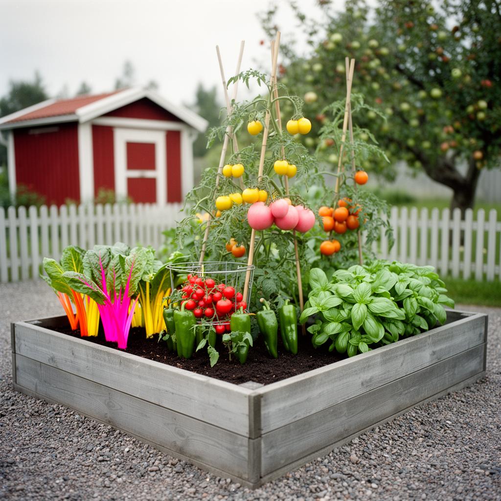 Fotorealistisk vy av en 6 m² rabatt med sängpaketet Köksträdgården deluxe i full blom: Tomat 'Gourmansun F1' (frö), Tomat 'Honeymoon' (frö), Tomat 'Clementine' (BIO frö), Körsbärstomat 'Sweetie' (BIO frö), Paprika 'Flynn' (BIO frö), Mangold 'Bright Lights' (frö), Basilika 'Genovese' (BIO frö).