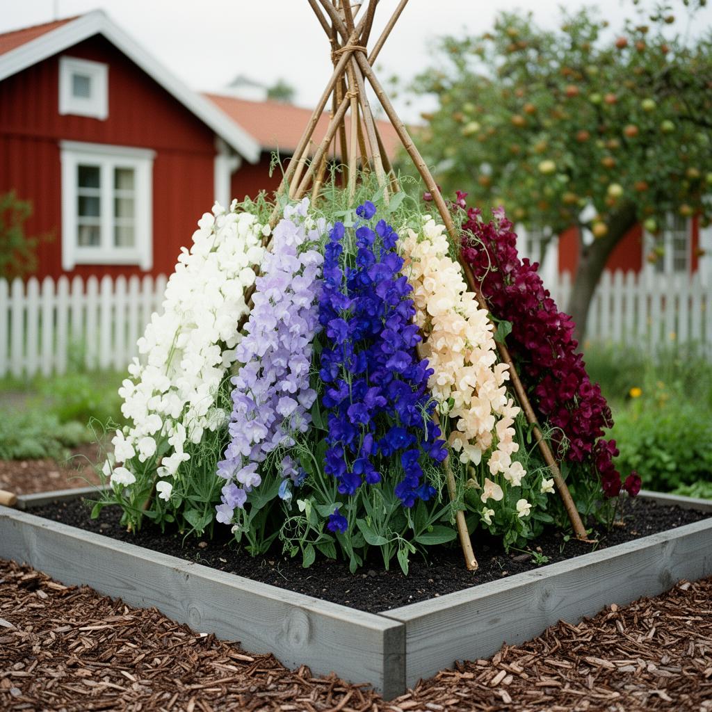 Fotorealistisk vy av en 6 m² rabatt med sängpaketet Doftträdgården i full blom: Luktärt 'Royal Family White' (frö), Luktärt 'Royal Lavender' (frö), Luktärt 'Noel Sutton' (frö), Luktärt 'Spring Sunshine Champagne' (frö), Luktärt 'Elegance Burgundy' (frö).