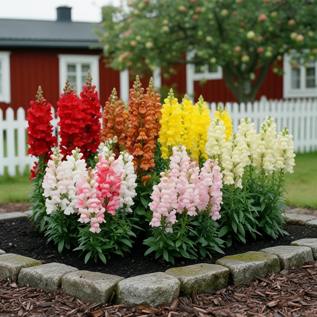 Fotorealistisk vy av en 6 m² rabatt med sängpaketet Lejongap-paraden i full blom: Lejongap 'Madame Butterfly Red' (frö), Lejongap 'Madame Butterfly Bronze' (frö), Lejongap 'Madame Butterfly Yellow' (frö), Lejongap 'Madame Butterfly Ivory' (frö), Lejongap 'Doubleshot Appleblossom' (frö), Lejongap 'F1 Twinny Appleblossom' (frö).