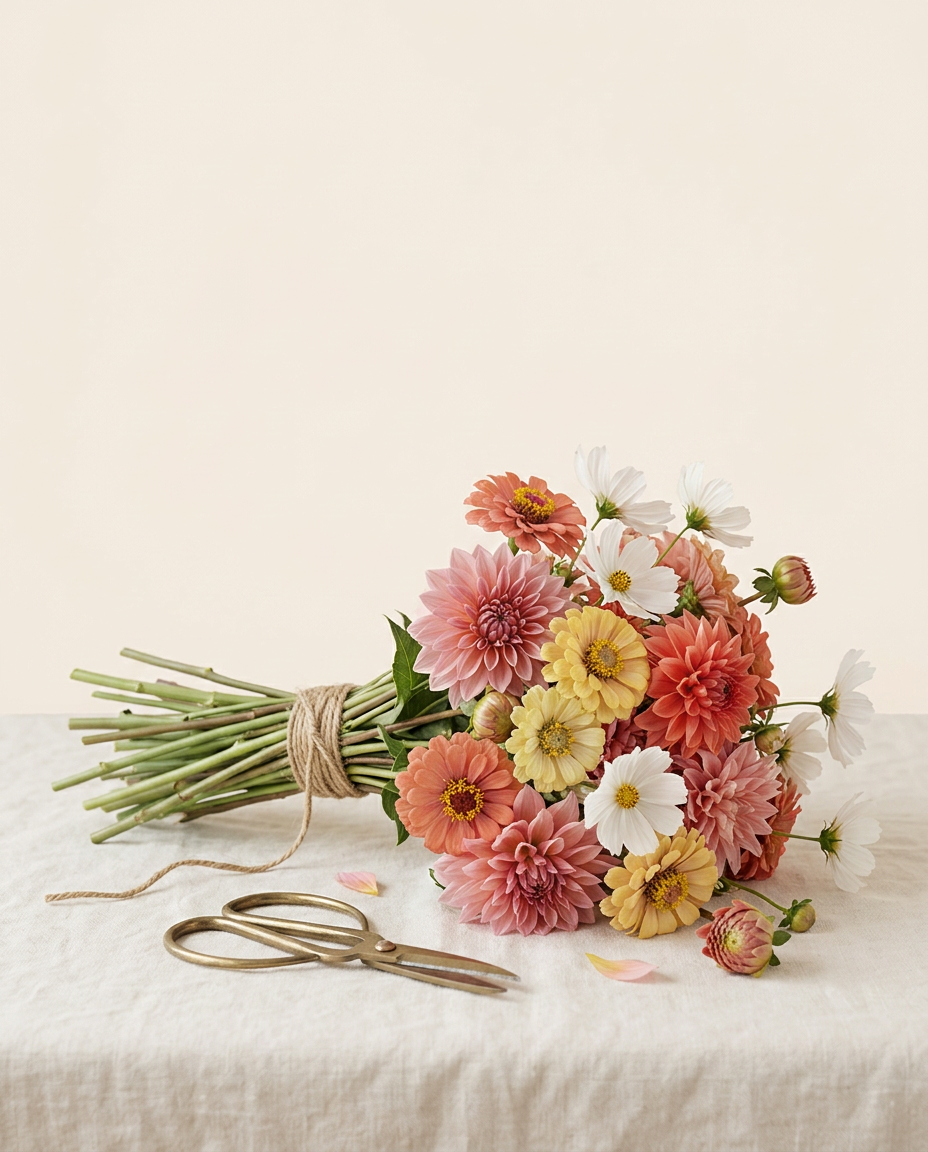 Handbunden sommarbukett av cosmos, dahlior och zinnia på linne.